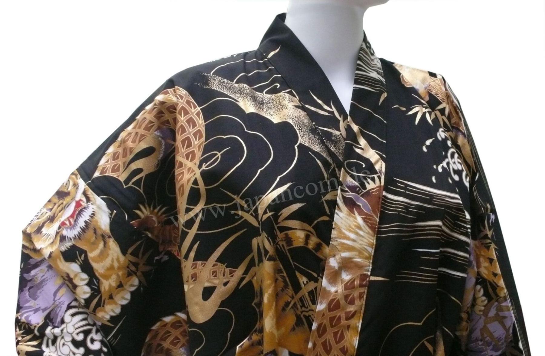 Damen Kimono Morgenmantel Drachen Tiger schwarz-braun